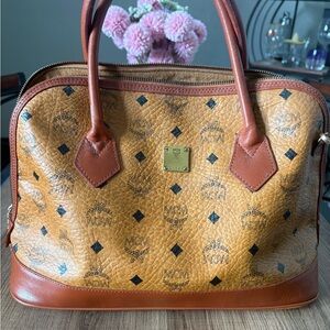 Vintage MCM Cognac Monogram Visetos Leather Satchel with Brown Trim with COA